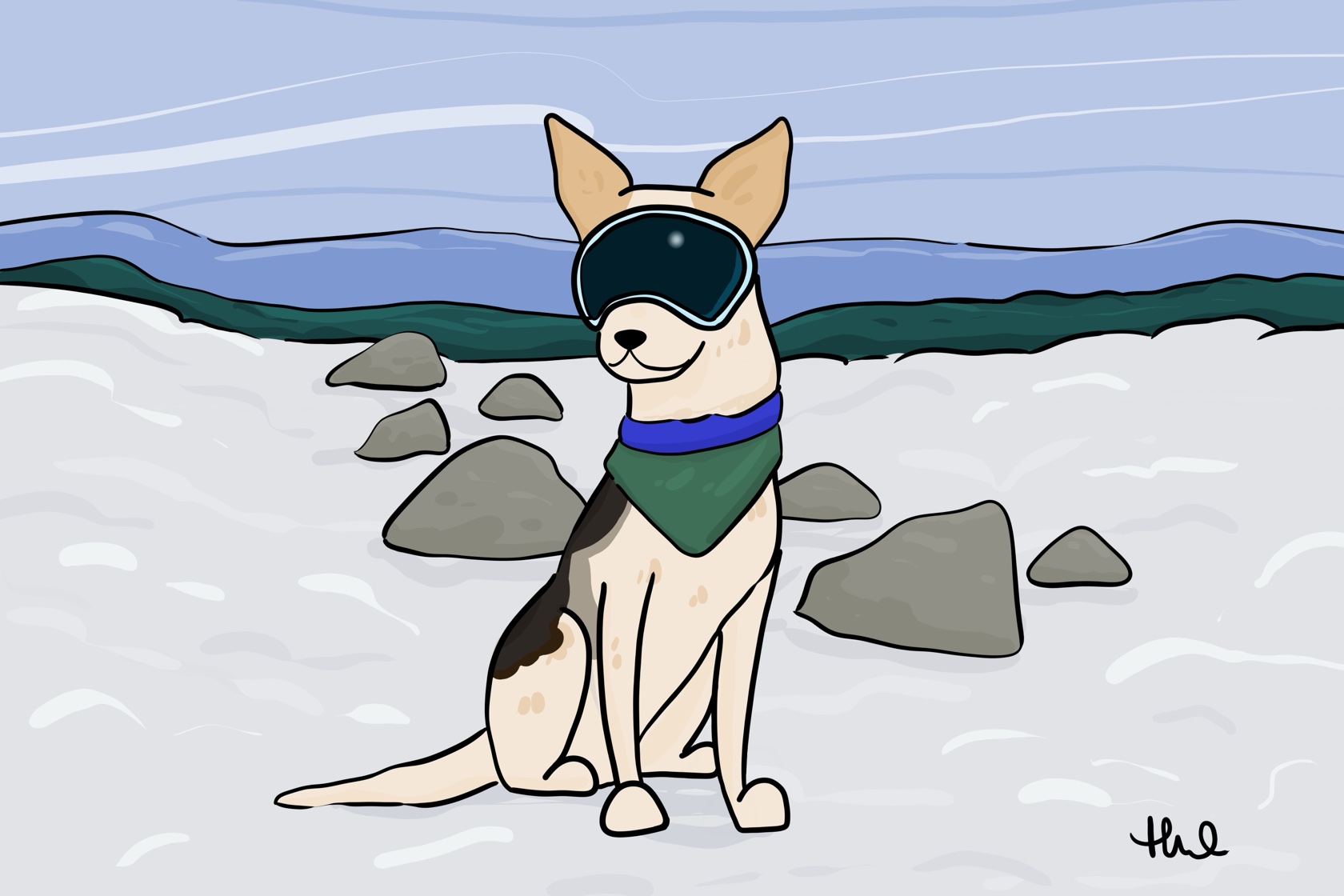 An illustration of Toby, a tan and cream cow dog, sitting in the snow in ski goggles and a green bandana with mountains behind him. Art signed thl.